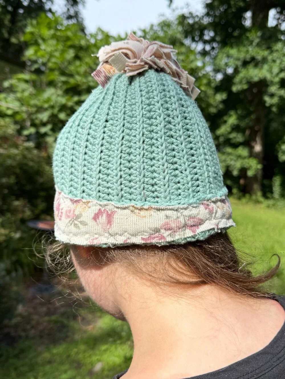 Hand-Crocheted Green Beanie Hat with Upcycled Floral Trim & Scrappy Pom-Pom